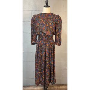 Vintage 1980s Sheer Floral Psychedelic Paisley Blouson Midi Dress Shirt Dress SM